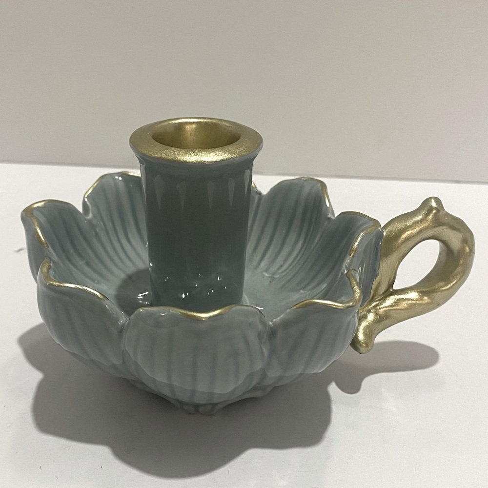 VTG Blue Flower Ceramic Candle Holder Gold Gilt Handle Chamberstick Style